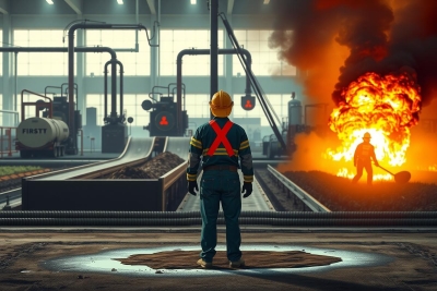 The image shows a video game scene depicting a character standing in the center of an industrial environment, possibly a train station or a factory. The surroundings include large machinery and pipes, suggesting an urban industrial setting.