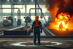 The image shows a video game scene depicting a character standing in the center of an industrial environment, possibly a train station or a factory. The surroundings include large machinery and pipes, suggesting an urban industrial setting.