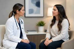 Doctor consulting with patient in calm clinic room, seated conversation, hands visible.