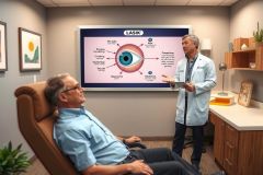 The image depicts a medical office setting. On the left, an older man is seated in a chair, facing towards his right with a relaxed posture, wearing glasses and a light blue shirt. To the right, a younger male doctor, dressed in a white lab coat and stethoscope around his neck, stands beside him, pointing towards some diagrams or medical information on a screen, which is placed just above and to the left of the patient's head level.