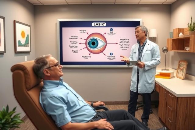 The image depicts a medical office setting. On the left, an older man is seated in a chair, facing towards his right with a relaxed posture, wearing glasses and a light blue shirt. To the right, a younger male doctor, dressed in a white lab coat and stethoscope around his neck, stands beside him, pointing towards some diagrams or medical information on a screen, which is placed just above and to the left of the patient's head level.