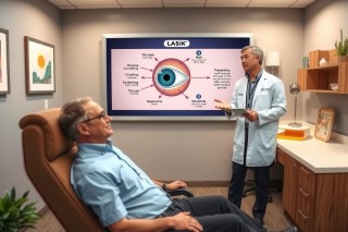 The image depicts a medical office setting. On the left, an older man is seated in a chair, facing towards his right with a relaxed posture, wearing glasses and a light blue shirt. To the right, a younger male doctor, dressed in a white lab coat and stethoscope around his neck, stands beside him, pointing towards some diagrams or medical information on a screen, which is placed just above and to the left of the patient's head level.