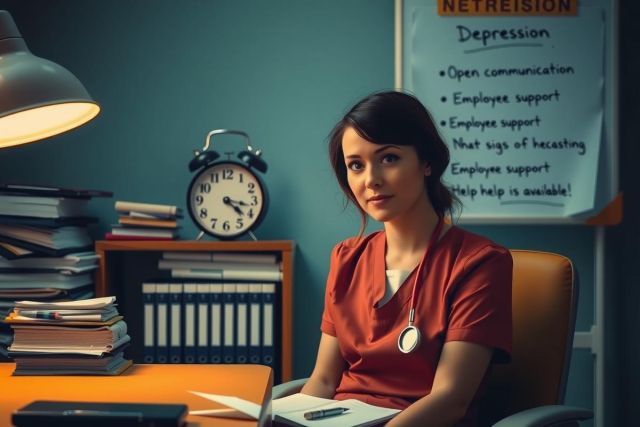 In this image, the central figure is a woman wearing a nurse's uniform. She appears to be in an office setting with multiple books and papers scattered around her. The wall behind her has a bulletin board with various notes and reminders attached to it. The room seems well-lit, suggesting a calm and professional environment, possibly indicating that this is a workplace for healthcare professionals.