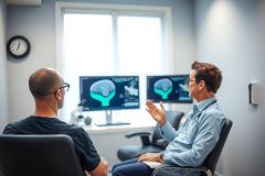 Doctor discussing brain scan results with a patient in a modern medical office. Focus on neurological diagnostics and healthcare consultation.