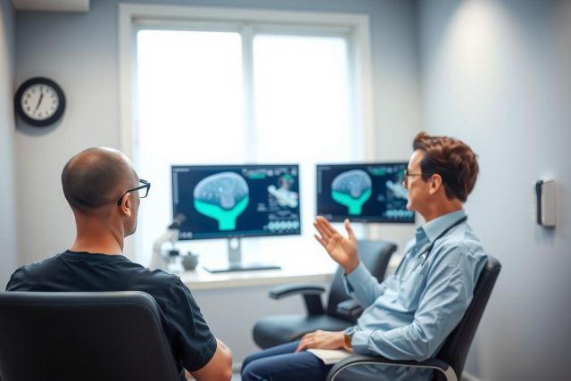 Doctor discussing brain scan results with a patient in a modern medical office. Focus on neurological diagnostics and healthcare consultation.