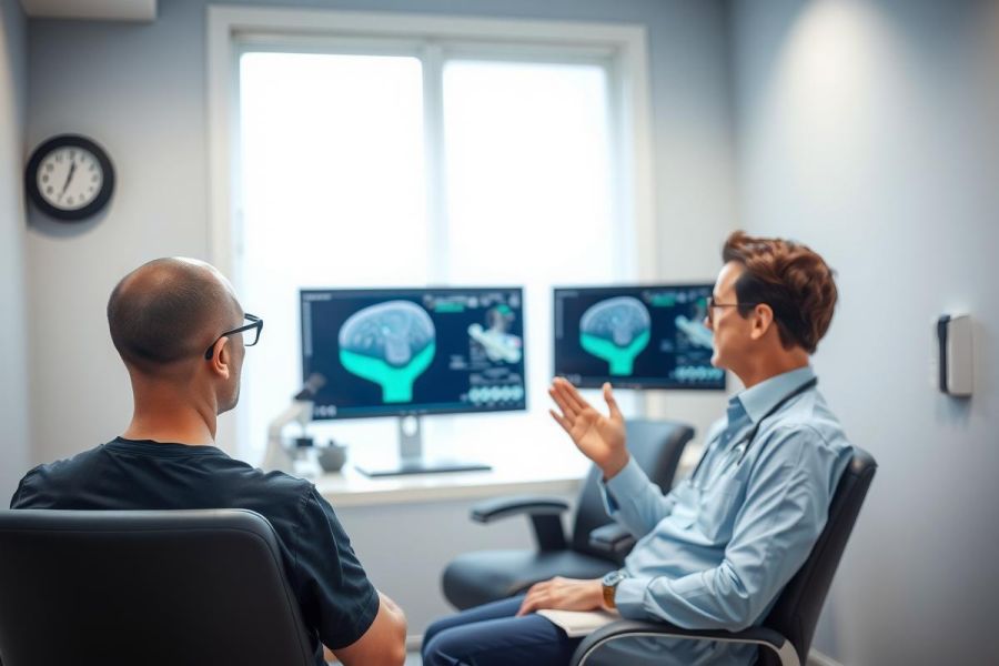 Doctor discussing brain scan results with a patient in a modern medical office. Focus on neurological diagnostics and healthcare consultation.