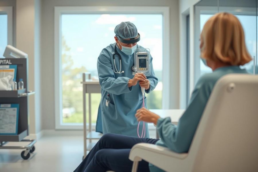 Doctor examining a patient in a hospital room. Wearing scrubs and stethoscope, the medical professional checks vital signs. A clean, bright environment with medical equipment visible.