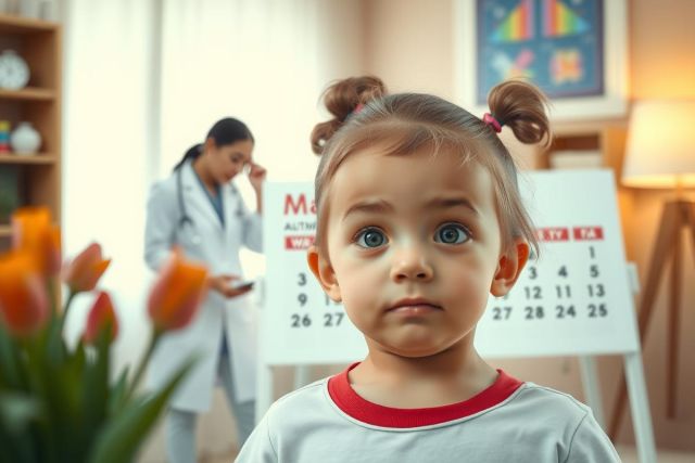 The image portrays a healthcare professional, possibly a nurse or doctor, in an indoor setting that appears to be a clinic or hospital room. The professional is wearing scrubs and has their hands clasped together in front of them. In the foreground, there is a young child looking directly at the camera with a focused expression. 