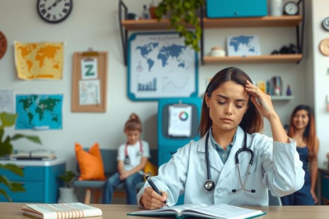 The image shows a woman sitting at a desk, wearing a white lab coat. She is holding her head with both hands and appears to be in deep thought or concentration. 