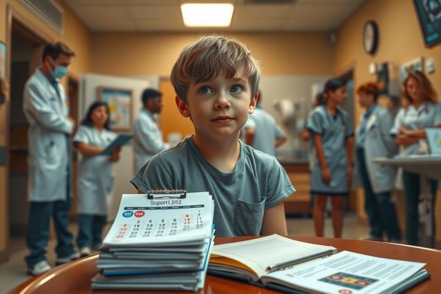 Young boy in medical scrubs seated at a desk with various medical books and papers, surrounded by hospital staff in the background.