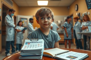 Young boy in medical scrubs seated at a desk with various medical books and papers, surrounded by hospital staff in the background.