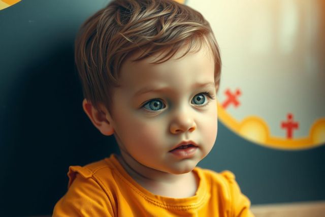 The image features a young child with short blonde hair looking directly at the camera. The child appears to be sitting against a wall, possibly in an indoor setting. The child is wearing a yellow shirt and there are bright colors visible around the child's head, which could indicate a playful or festive environment. There are no texts visible in the image.