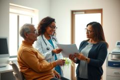 Doctor discussing medical records with a patient in a clinic. The scene depicts a healthcare consultation with a focus on patient care and communication.