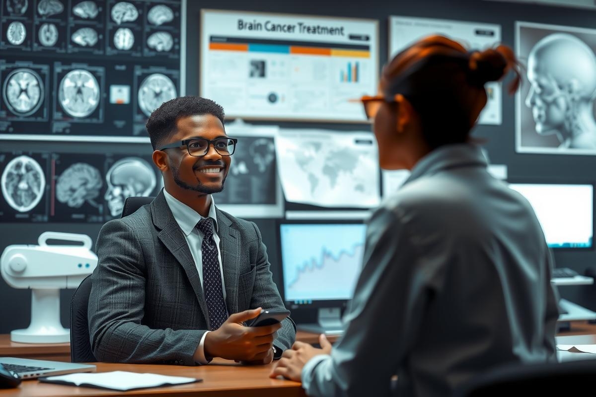 Image depicts a professional office setting with two people engaged in a conversation. The man is sitting and wearing a suit, smiling at the woman who is standing and also dressed professionally.