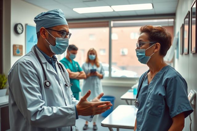This is a professional setting, likely a hospital or medical clinic. The central figures are two doctors; one male and one female. Both are wearing medical masks and scrubs which suggests they may be involved in patient care. They appear to be engaged in a discussion about a case or situation related to their duties.