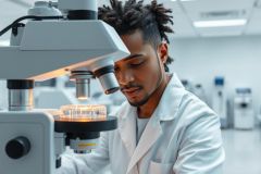 Young scientist in a lab coat using a microscope. Focus on research, science, and laboratory setting. Bright, modern environment with a professional, focused individual conducting scientific analysis.