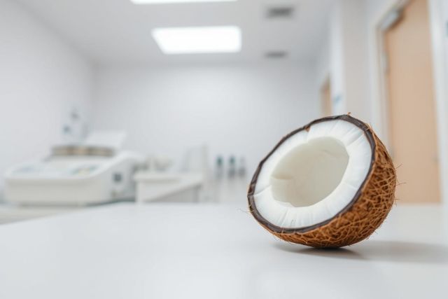 Close-up of a halved coconut on a white surface, set against a blurred background of a modern, brightly lit medical or laboratory space. The coconut shows its white flesh and brown shell, creating a contrast of textures and colors.