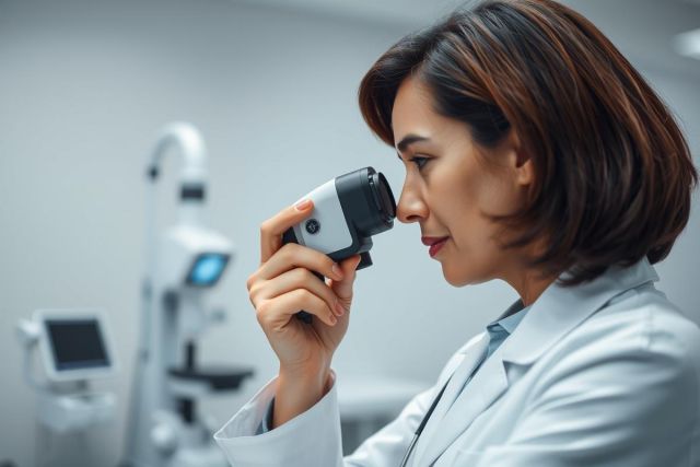 Scientist in a modern laboratory analyzing a sample with a handheld microscope. The image showcases a professional woman in a white coat, surrounded by lab equipment in a clean, bright setting. Focus on research, science, and medical analysis.