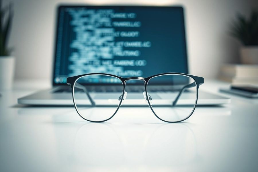 Close-up of glasses on a desk with a laptop displaying code. Modern workspace with a shallow depth of field, featuring a clean white surface and a blurred background. Coding, technology, and productivity concept.