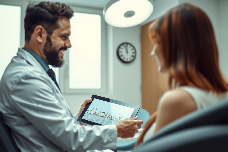 Doctor shows patient a tablet displaying medical data in a brightly lit office. Healthcare professional consultation, digital records, and patient care are key elements.