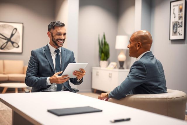 Two business professionals in suits have a meeting. One holds a tablet, discussing business in a modern office setting. Neutral colors and professional attire create a formal atmosphere.