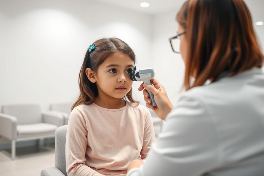 A pediatrician examines a young girl's eye in a bright, modern medical clinic. The doctor, wearing glasses and a white coat, uses an ophthalmoscope. The scene features soft lighting and a neutral color palette, depicting a routine healthcare checkup for children.