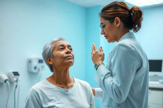 Doctor examining a senior woman in a light blue medical clinic. Healthcare professional performs a physical assessment, showing patient care and wellness in a clinical setting. Focus on health checkup and medical examination.