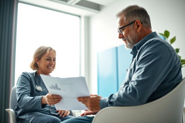 Healthcare consultation: A doctor and senior patient discuss medical results in a bright, modern office setting. Focus on patient care, medical charts, and a positive doctor-patient relationship. Blue and white color palette.