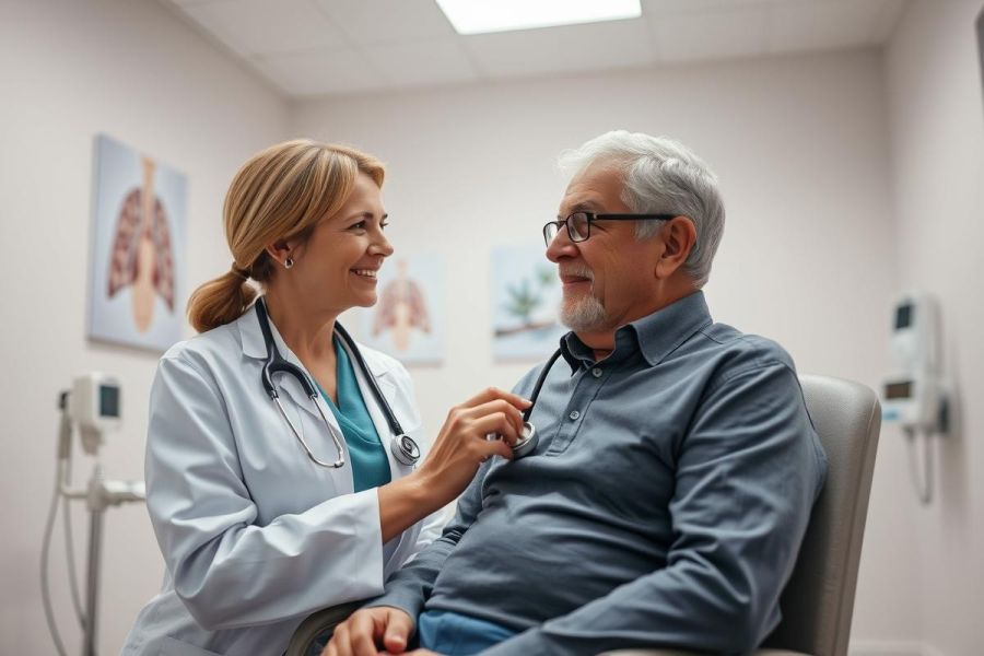 Doctor examining senior patient in a medical clinic. A female physician with a stethoscope listens to an elderly man's heart during a check-up. Warm, neutral tones and a clean, professional setting portray healthcare and wellness.