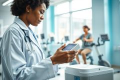 Healthcare professional in a light blue lab coat examines a device in a modern gym setting. A woman exercises on a stationary bike in the background. Focus on medical technology, fitness, and wellness concepts. Blue and white color scheme.