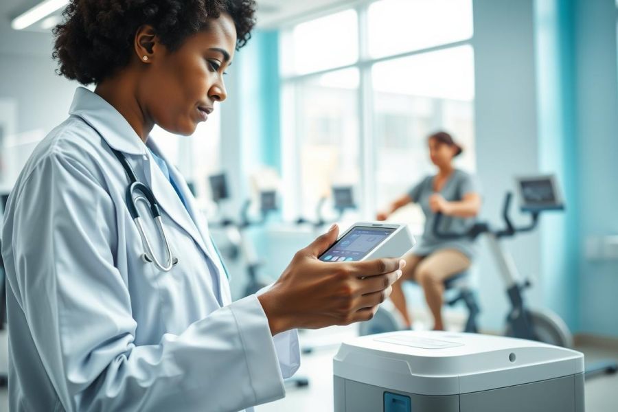 Healthcare professional in a light blue lab coat examines a device in a modern gym setting. A woman exercises on a stationary bike in the background. Focus on medical technology, fitness, and wellness concepts. Blue and white color scheme.