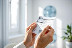 Close-up of hands holding a nutrition facts label against a bright, modern window background. Focus on healthy eating, dietary information, and food labels. Light, airy aesthetic with white and blue tones.