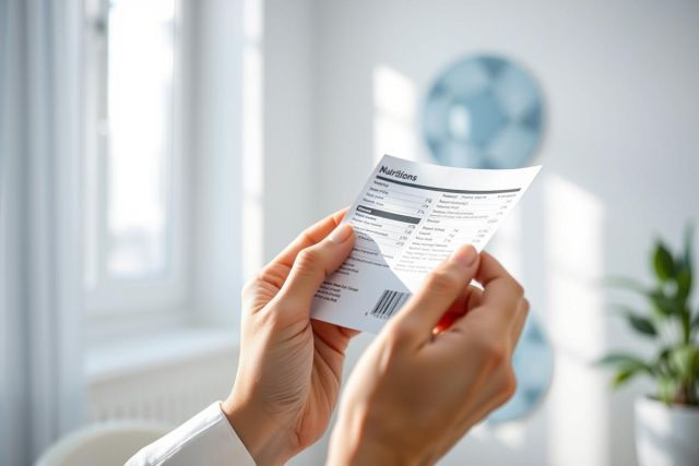 Close-up of hands holding a nutrition facts label against a bright, modern window background. Focus on healthy eating, dietary information, and food labels. Light, airy aesthetic with white and blue tones.