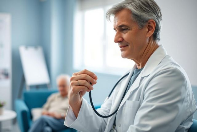 A caring doctor in a white coat examines an elderly patient in a bright, modern clinic setting. The image conveys healthcare, senior care, and medical consultation with a focus on compassion and well-being. Blue and white tones dominate the scene.