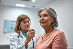 Doctor examining an elderly woman during a medical checkup in a clinic. The image showcases healthcare, patient care, and preventative medicine with a focus on senior health. Soft lighting and neutral colors create a calm, professional atmosphere.