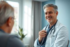 A smiling doctor in a white coat and stethoscope consults with a patient in a bright, modern office setting. The image conveys healthcare, medical consultation, and a positive doctor-patient relationship with calming blue and white tones.