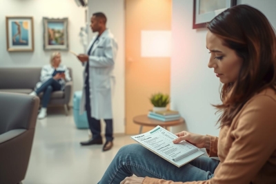 The image depicts a medical office setting with three individuals. A person is seated on the right side, reading from a book or medical document while another individual stands nearby and appears to be speaking.