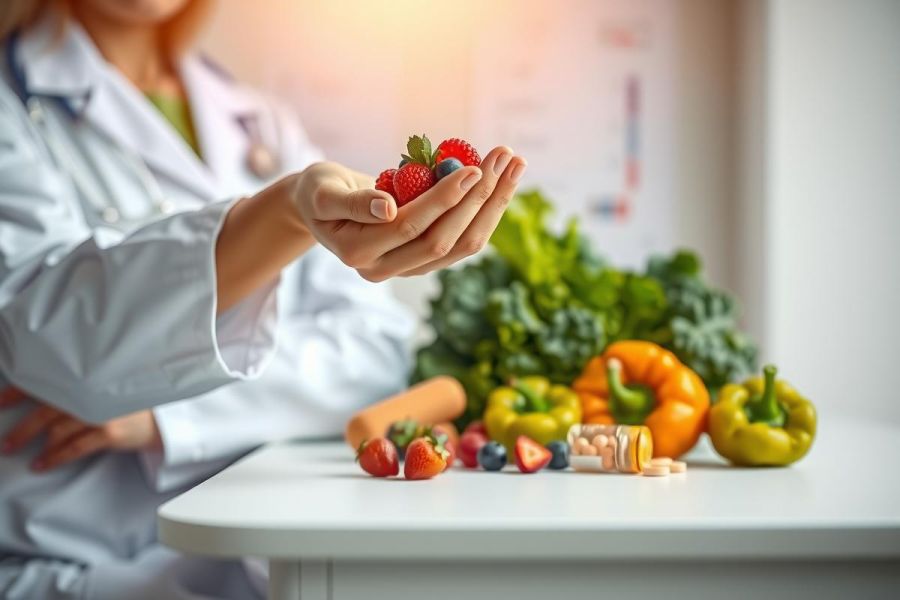 A person in a lab coat holds strawberries, surrounded by fresh produce and supplements. The image suggests health, nutrition, and possibly research or development related to food or medicine.