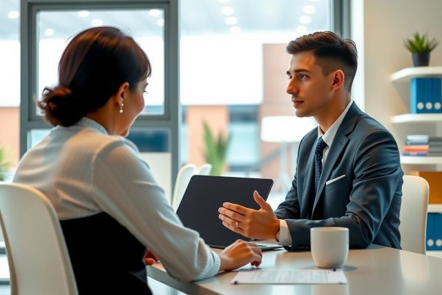 Business meeting in a modern office. Two professionals are engaged in conversation, with a laptop and documents on the table. Professional attire and a bright, clean environment.
