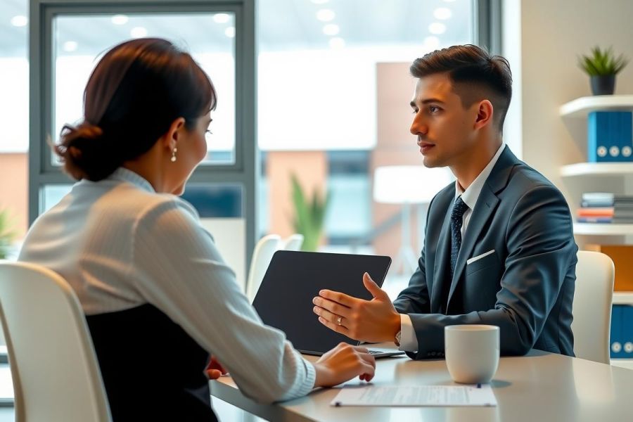 Business meeting in a modern office. Two professionals are engaged in conversation, with a laptop and documents on the table. Professional attire and a bright, clean environment.