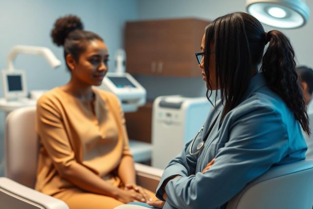 Doctor consults with a patient in a modern medical office. The scene features a healthcare professional in a blue suit and stethoscope talking to a woman seated in a chair. A clean, bright environment with medical equipment creates a professional and reassuring atmosphere. Healthcare, doctor, patient, consultation, medical office.