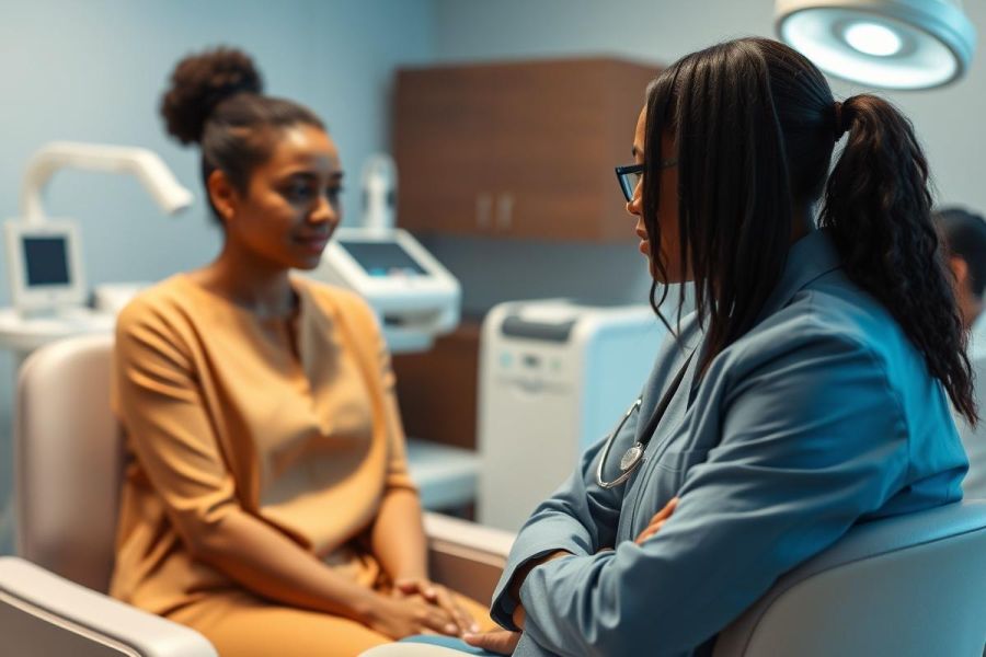 Doctor consults with a patient in a modern medical office. The scene features a healthcare professional in a blue suit and stethoscope talking to a woman seated in a chair. A clean, bright environment with medical equipment creates a professional and reassuring atmosphere. Healthcare, doctor, patient, consultation, medical office.