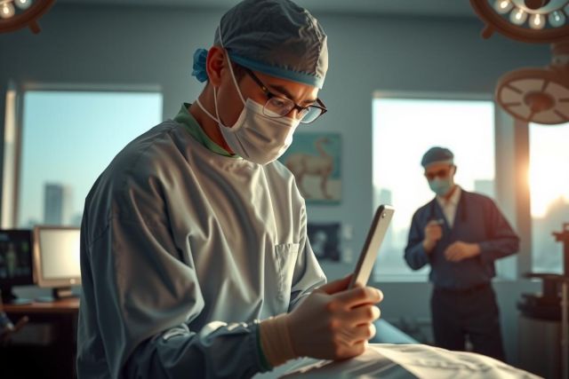 In the image, there are two surgeons in a sterile surgical environment. The surgeon on the left is wearing glasses and has his hands on what appears to be an electronic device, possibly a tablet or a medical device.