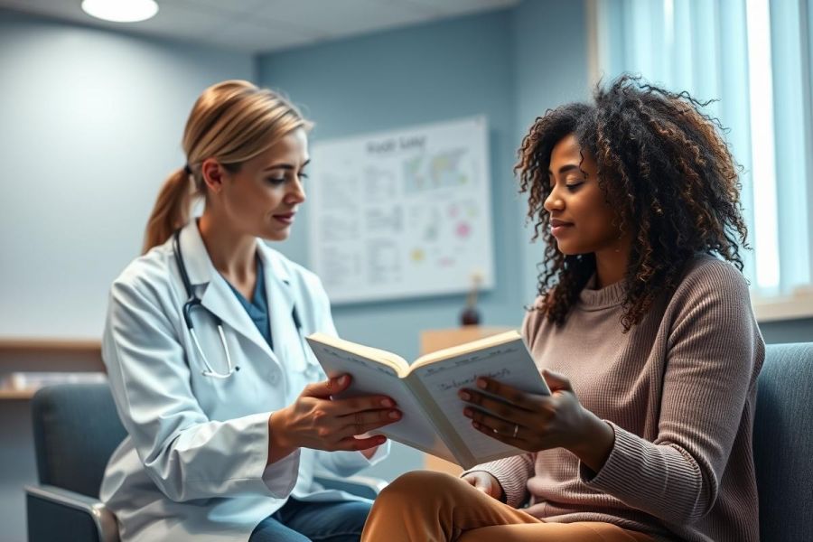 Doctor and patient reviewing medical information together in a bright, modern clinic. The healthcare professional in a white coat discusses a book with a woman seated comfortably. Focus on patient education and healthcare consultation. Blue and neutral tones dominate the scene.
