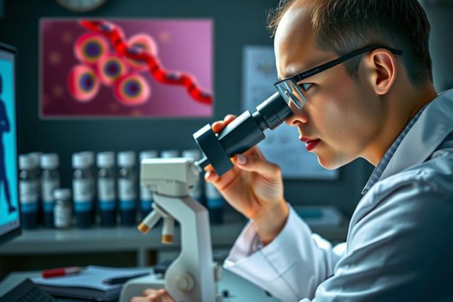 A scientist in a laboratory is examining cells through a microscope. The environment includes scientific equipment and charts on the wall, suggesting a research setting.