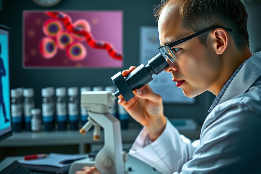 A scientist in a laboratory is examining cells through a microscope. The environment includes scientific equipment and charts on the wall, suggesting a research setting.