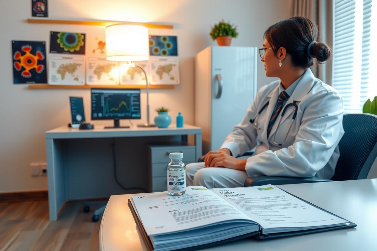 The image depicts a medical professional sitting at a desk, presumably in an office setting. The person is dressed in clinical attire, indicating their role as a healthcare worker such as a doctor or nurse.