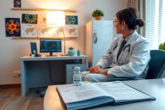 The image depicts a medical professional sitting at a desk, presumably in an office setting. The person is dressed in clinical attire, indicating their role as a healthcare worker such as a doctor or nurse.