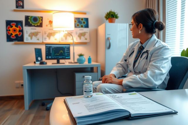 The image depicts a medical professional sitting at a desk, presumably in an office setting. The person is dressed in clinical attire, indicating their role as a healthcare worker such as a doctor or nurse.