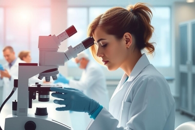 Image of a woman in lab coat examining sample through microscope in bright, modern lab setting with light blue walls.